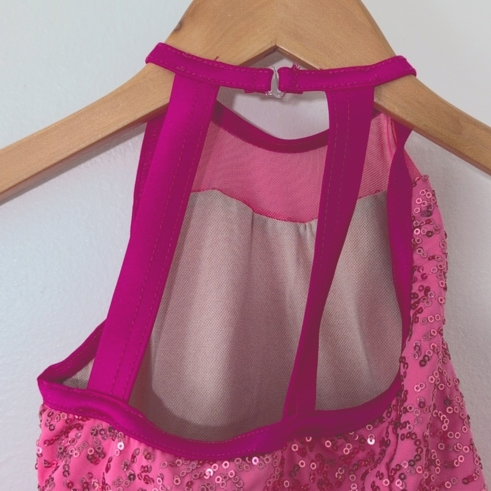 New Weissman Pink Sequin Dance Leotard Costume Ruffled Skirt Halter Top Sz XS - Picture 9 of 9